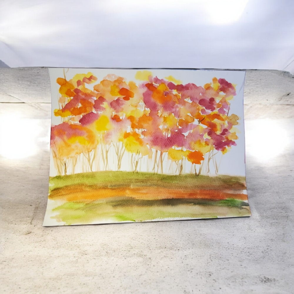 Vibrant Autumn Forest Watercolor Art.  9in X 12in